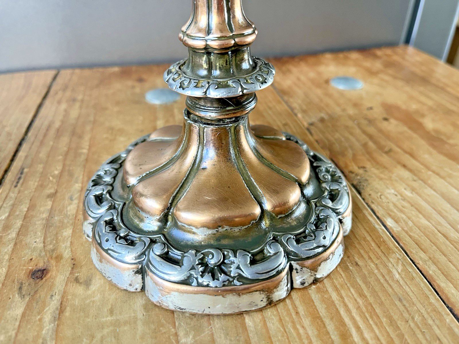 Pair Of Antique French Louis XV Style Rococo Copper & Silver Plated Candlesticks photo vintage