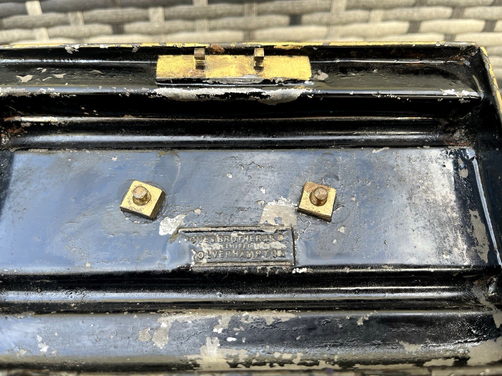 photo furniture Antique Art Nouveau Jones Brothers Secure Lever Safe Cash Money Box Chest Tin