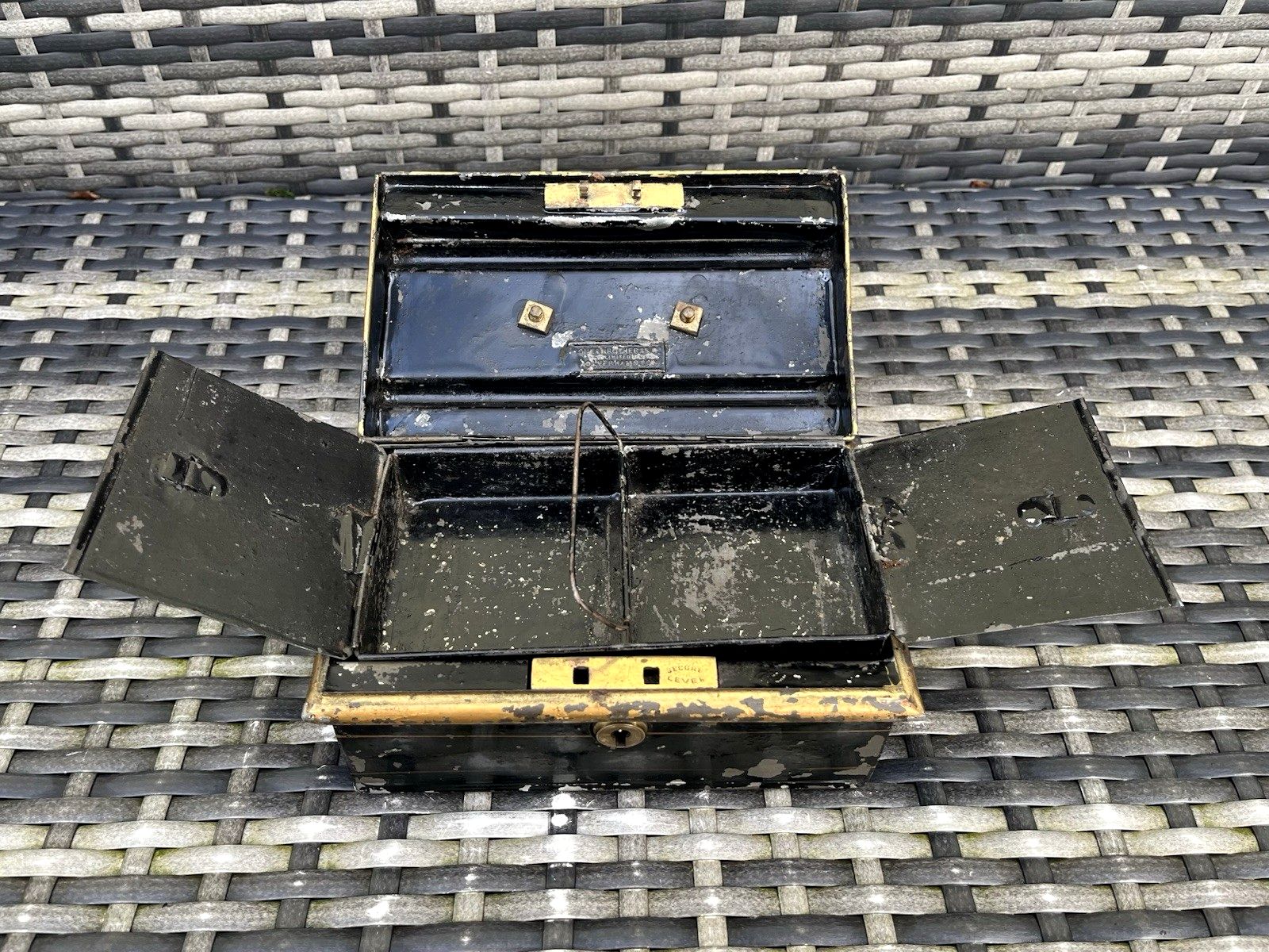 Home Decor Antique Art Nouveau Jones Brothers Secure Lever Safe Cash Money Box Chest Tin photo