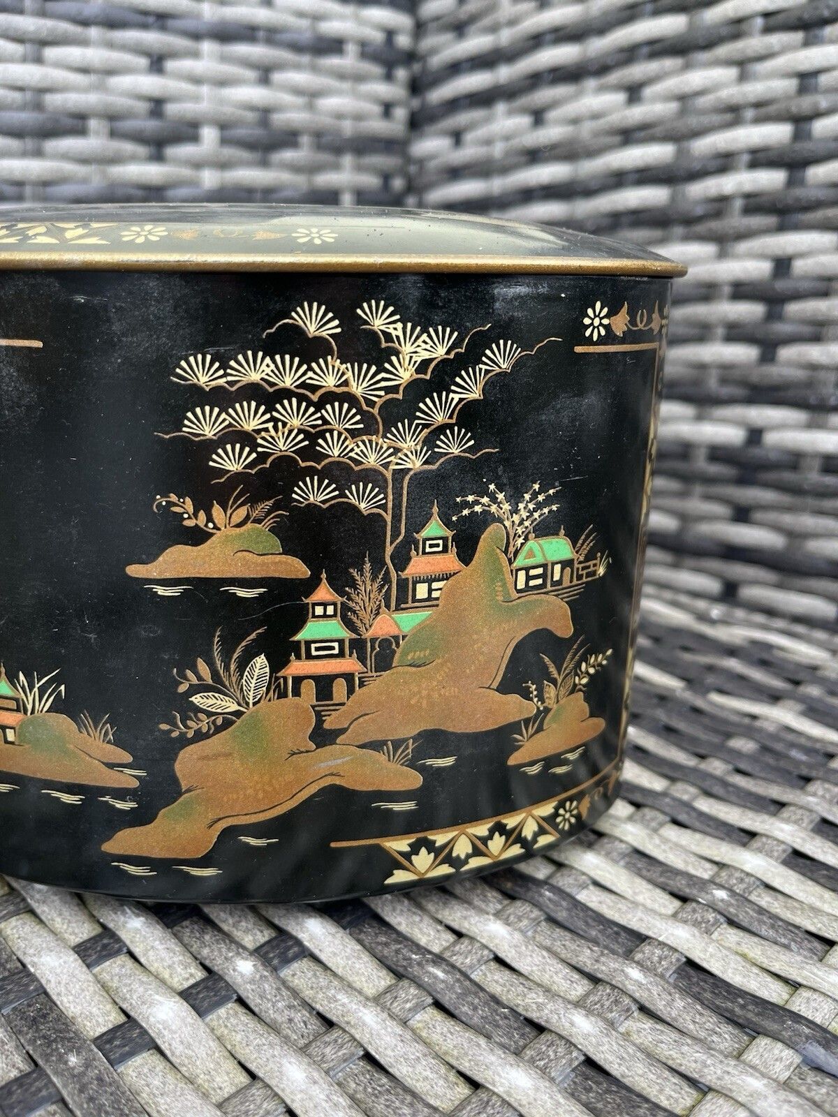 Vintage 50's British 6mb Tea Sweet Tin Box Chinoiserie Oriental Japonisme Pagoda photo furniture