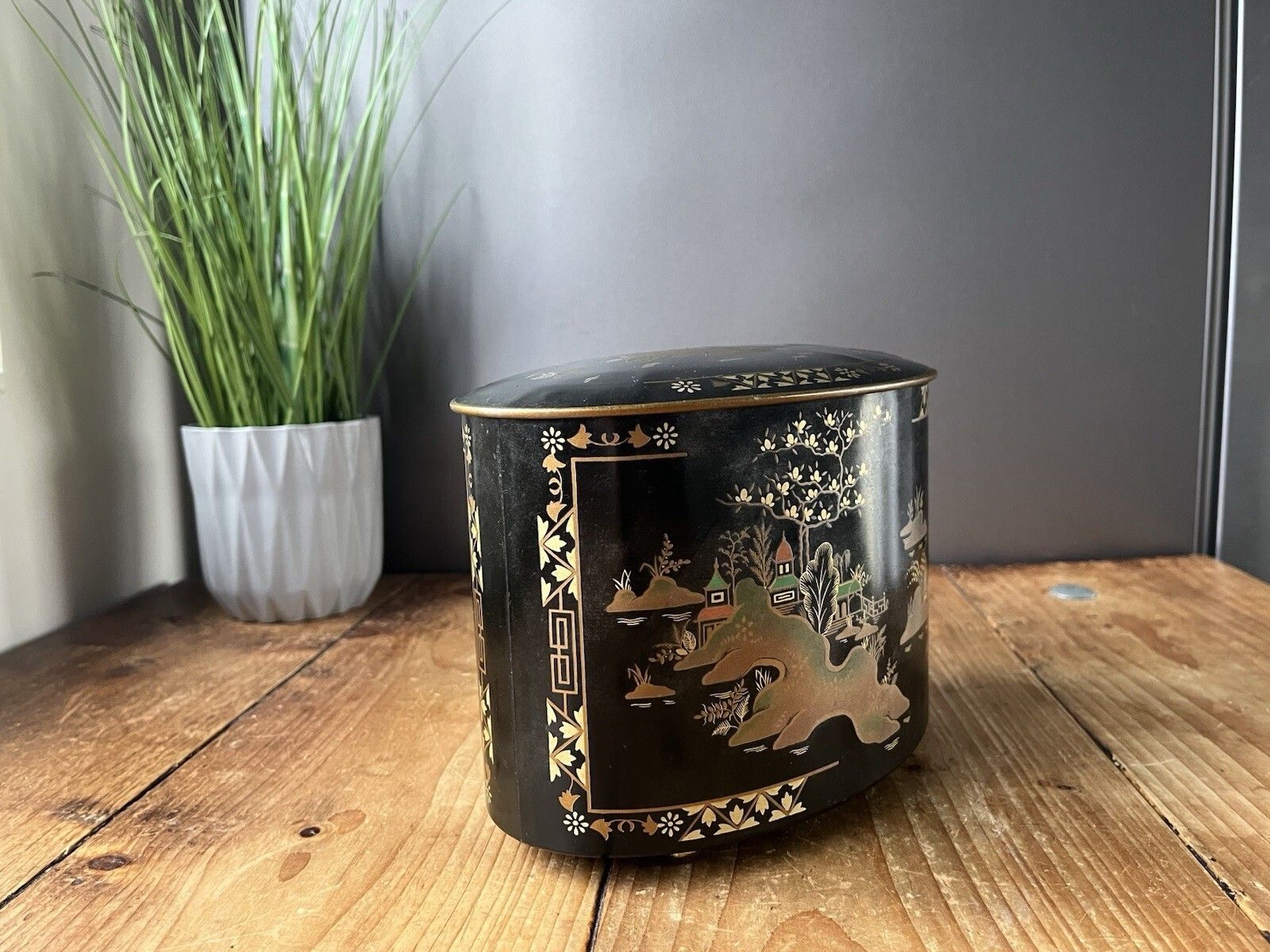 Vintage 50's British 6mb Tea Sweet Tin Box Chinoiserie Oriental Japonisme Pagoda photo buy
