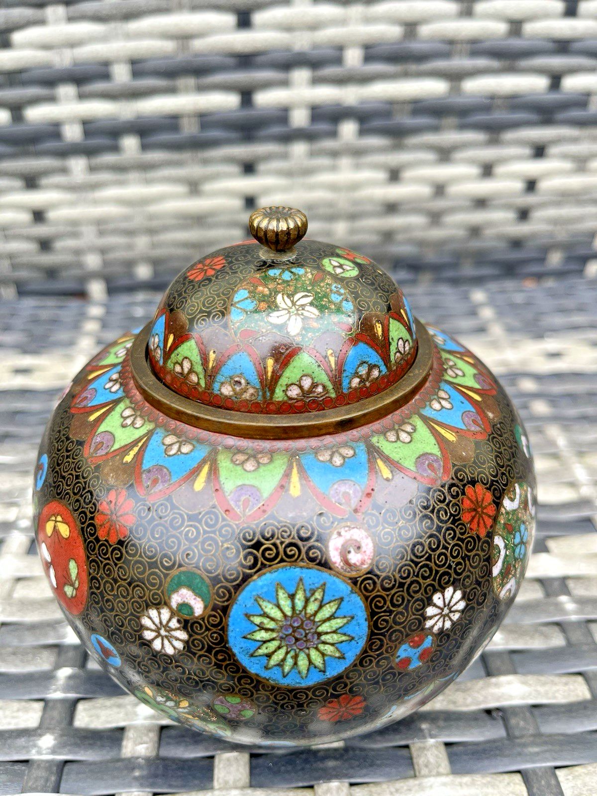 photo buy Antique Japanese Meiji Period Cloisonne Enamel Floral Lidded Ginger Spice Jar