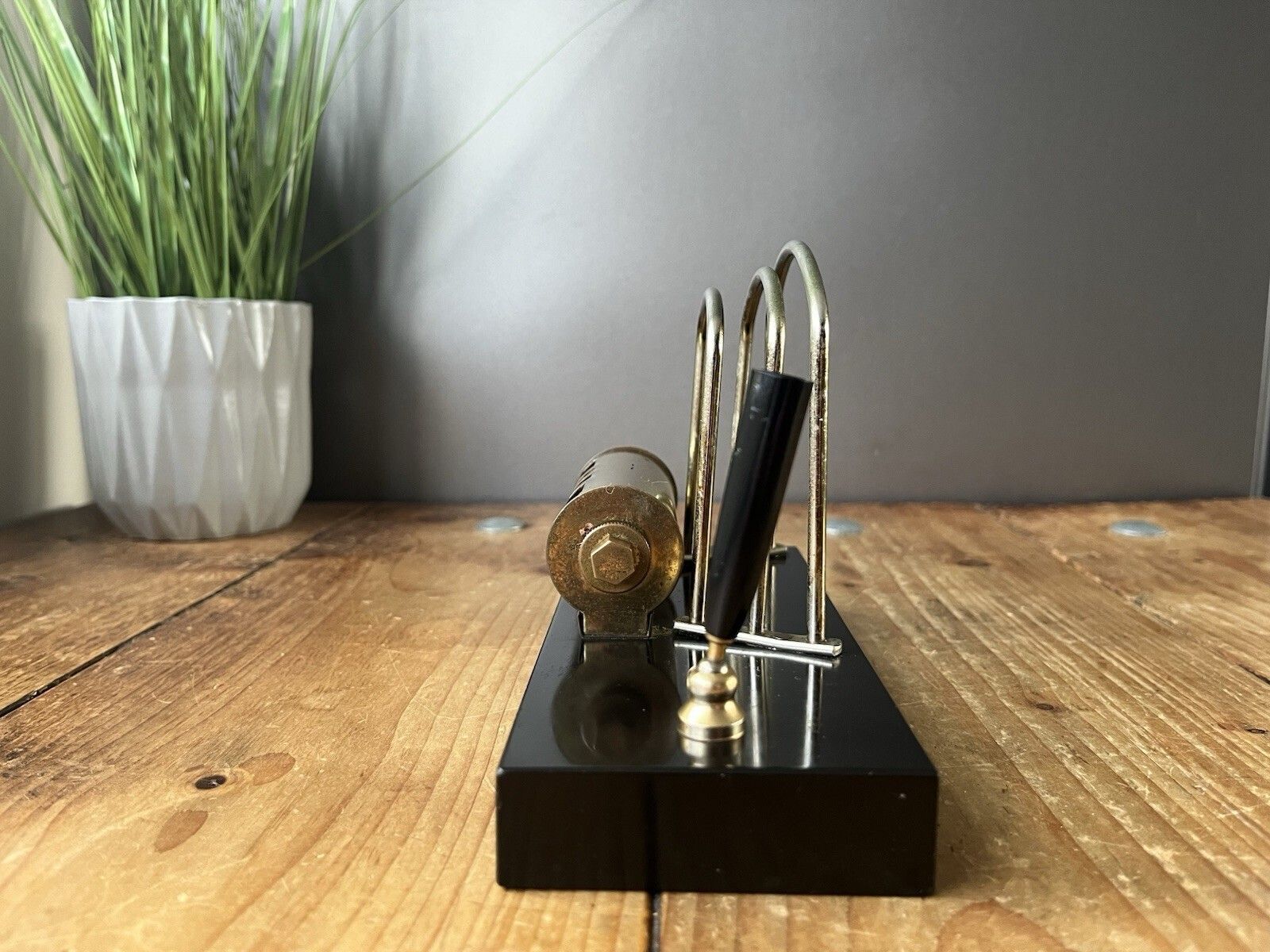 Art Deco Brass Marble Base Perpetual Desk Calendar Letter Rack Pen Holder Office photo 100.0