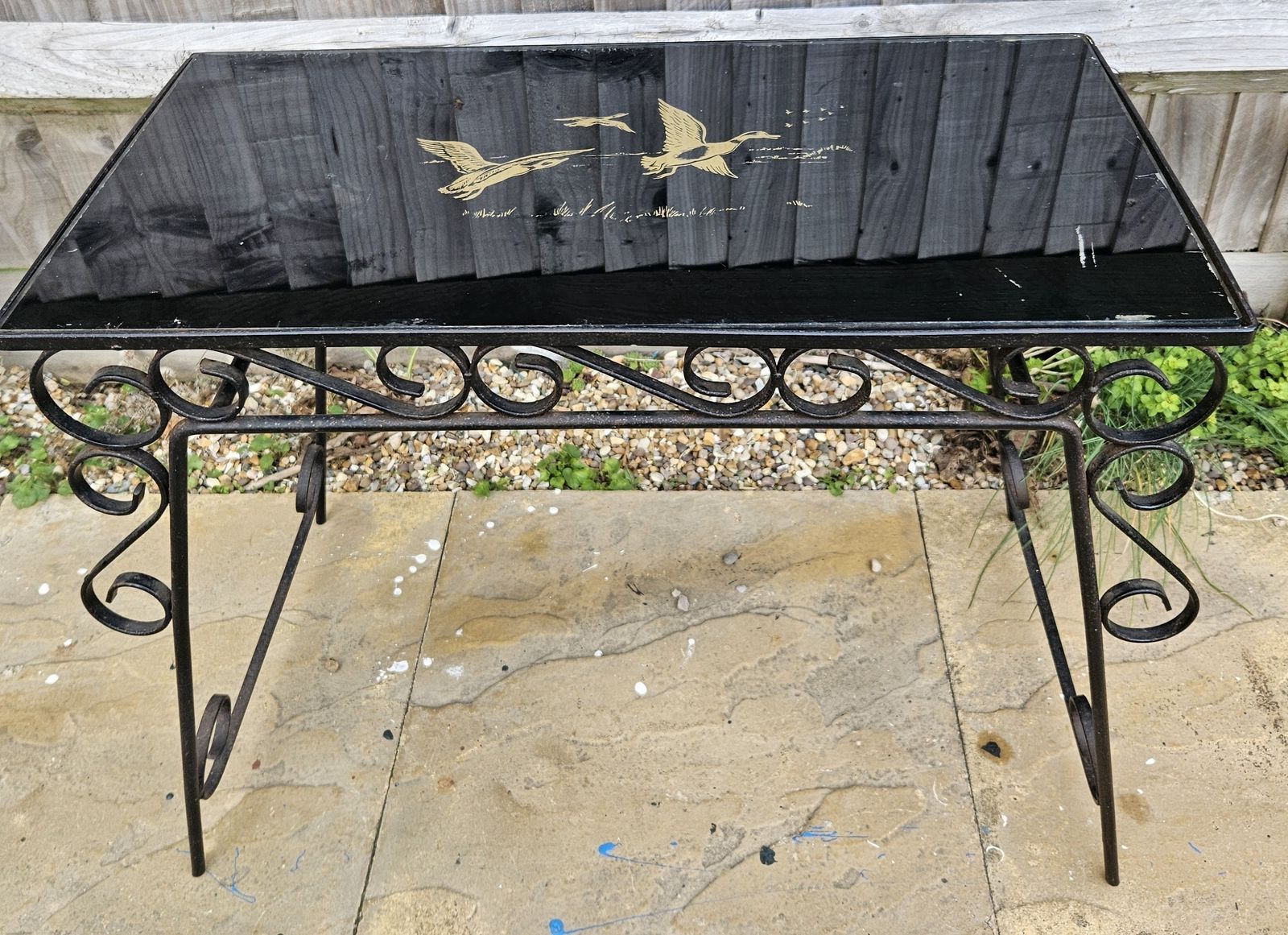 Cast Iron &Black Glass Oriental Side/Coffee Table With Gold Bird Detail