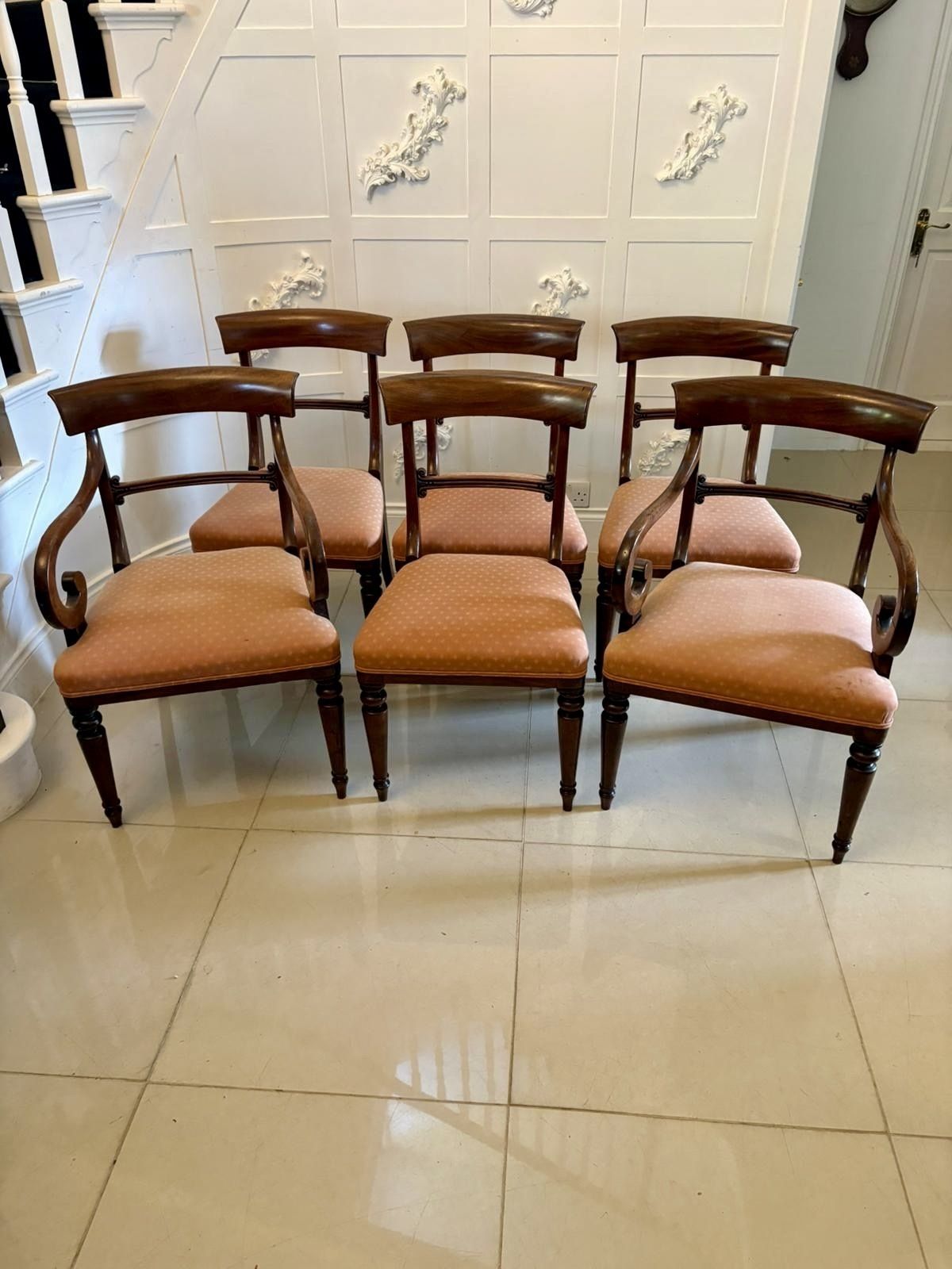 Antique 19th Century Mahogany Set Of 6 Dining Chairs Including 2 Carvers