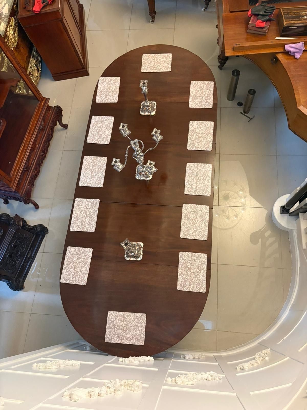 Antique Mahogany Triple Pillar Dining Table 12–14 Seater Extending With Two Leaves photo furniture