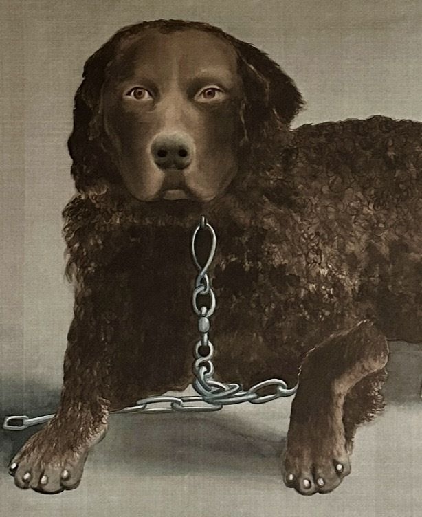 Victorian Portrait Of A Curly Coated Retriever — Paint On Fabric, Circa 1900 photo furniture