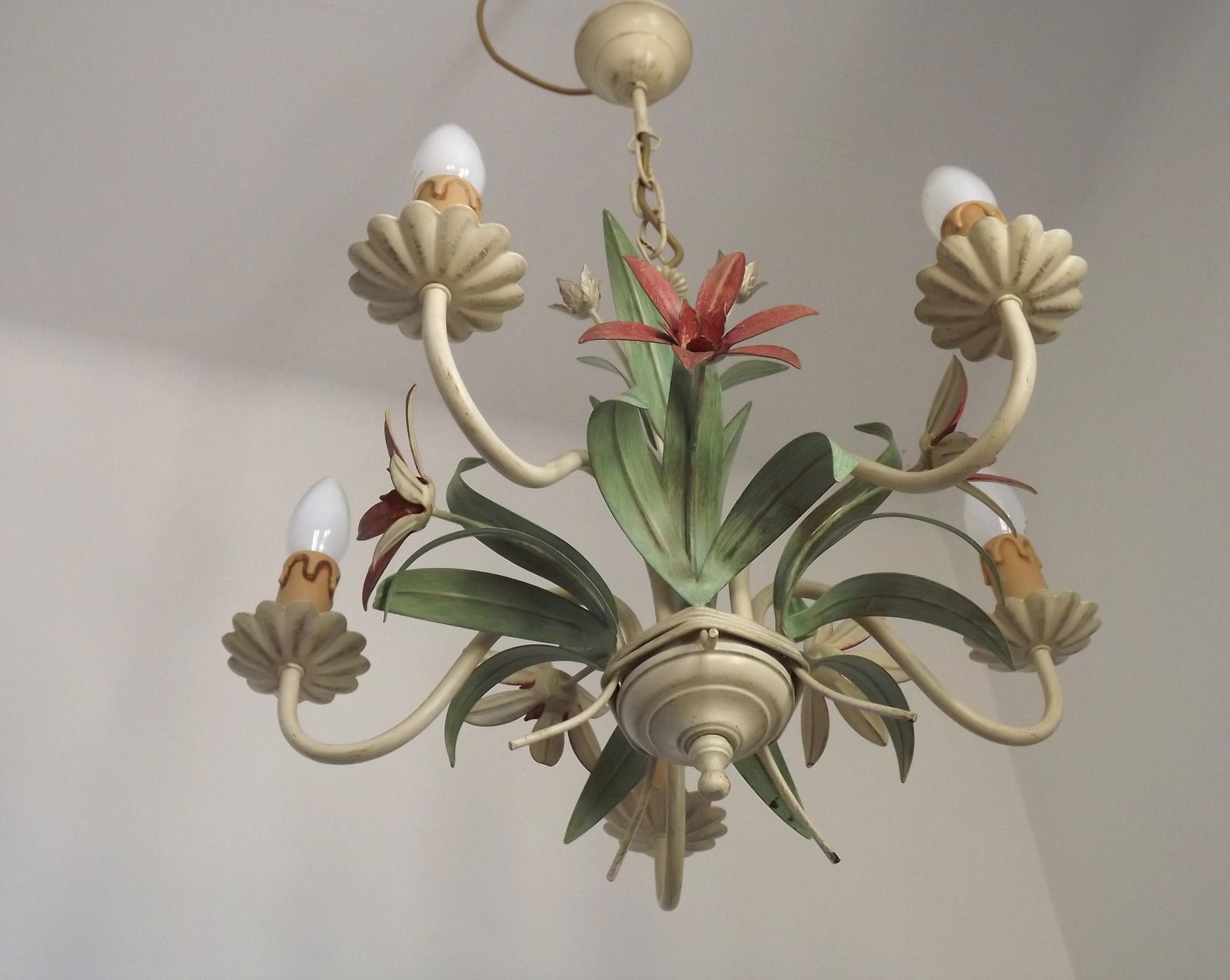 5 Light Vintage Italian Chandelier, Mathias Toleware Bouquet, Pink Flowers photo vinterior