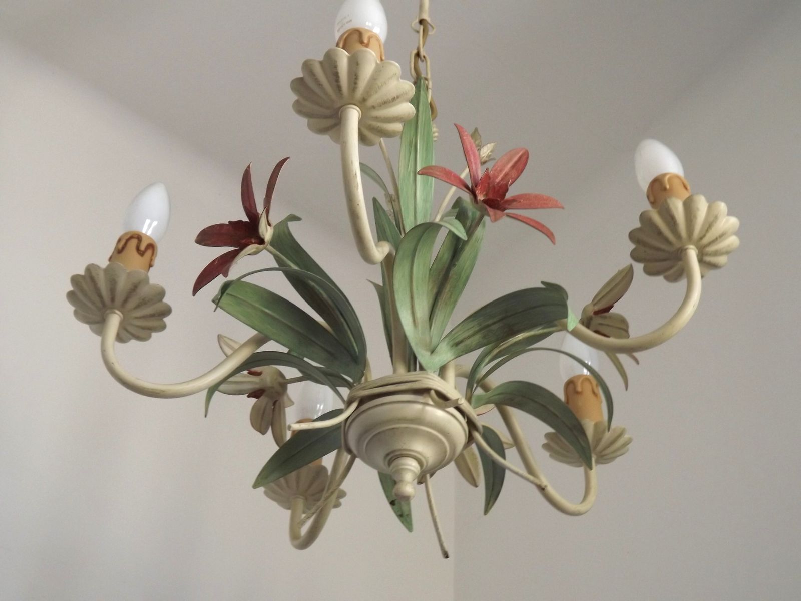 Lighting 5 Light Vintage Italian Chandelier, Mathias Toleware Bouquet, Pink Flowers photo
