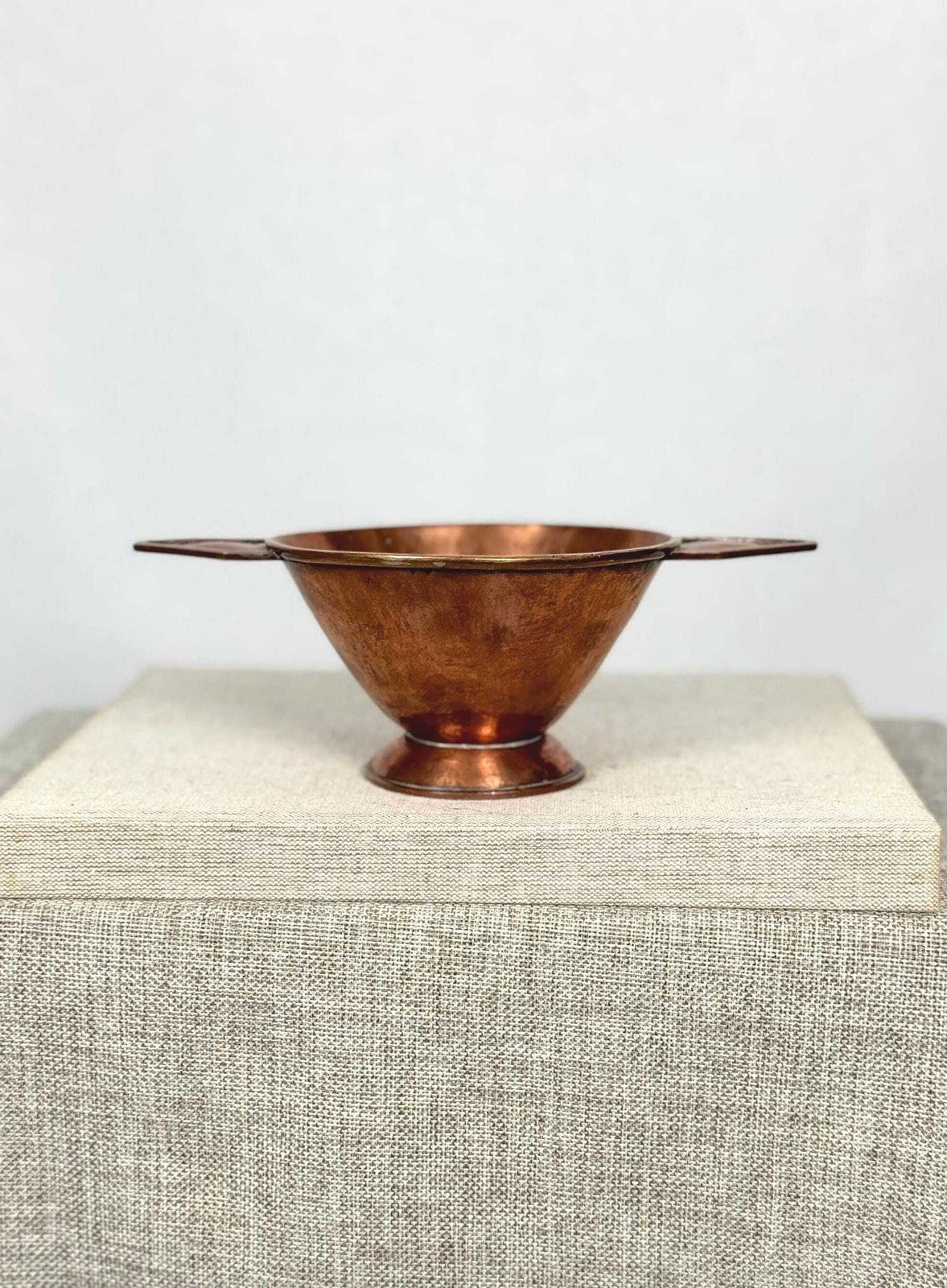 Antique Arts & Crafts Copper Bowl | Hand Hammered Pedestal Bowl With Handles | Early 20th Century Copper Dish photo furniture