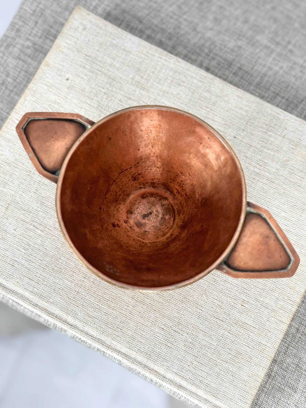 Antique Arts & Crafts Copper Bowl | Hand Hammered Pedestal Bowl With Handles | Early 20th Century Copper Dish photo vinterior