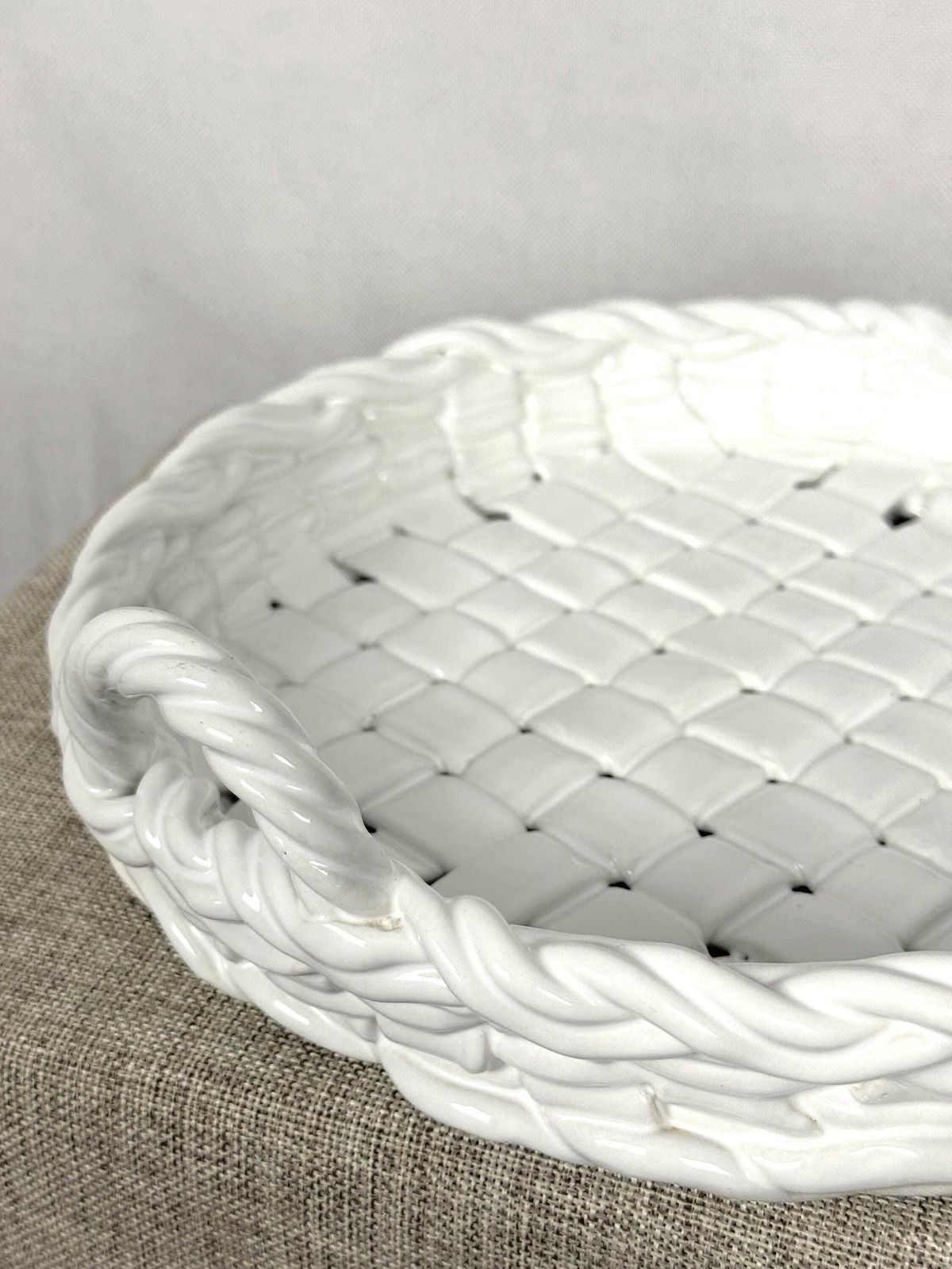 Vintage Italian Ceramic Basket Tray | White Woven Pottery Tray | Italian Lattice Dish photo Home Decor