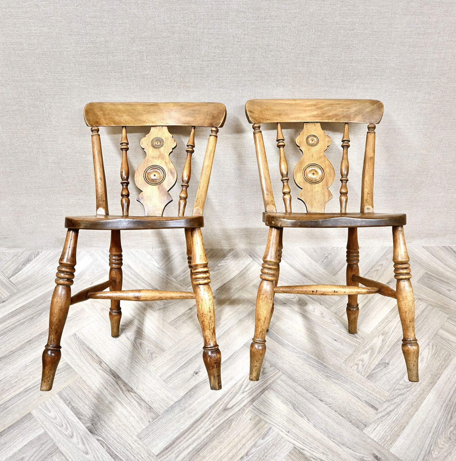 Pair Of Antique 'Double Bullseye' Windsor Kitchen Dining Chairs photo for sale