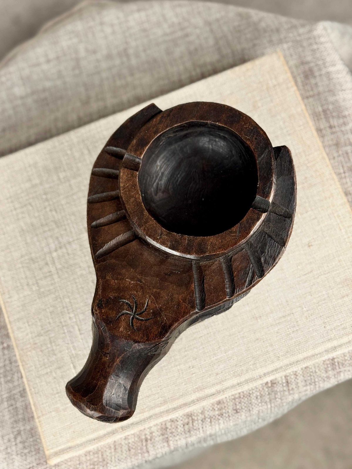 Vintage Carved Wood Bull Ashtray | Mid Century Modern Catchall photo furniture