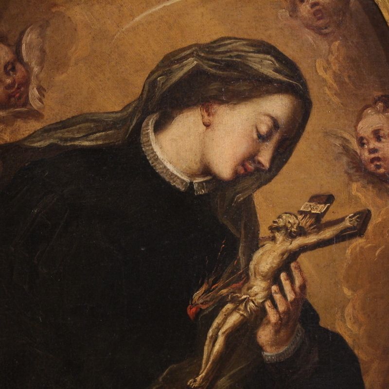 Antique Oval Painting Of Saint Catherine Of Genoa From The 17th Century photo for sale