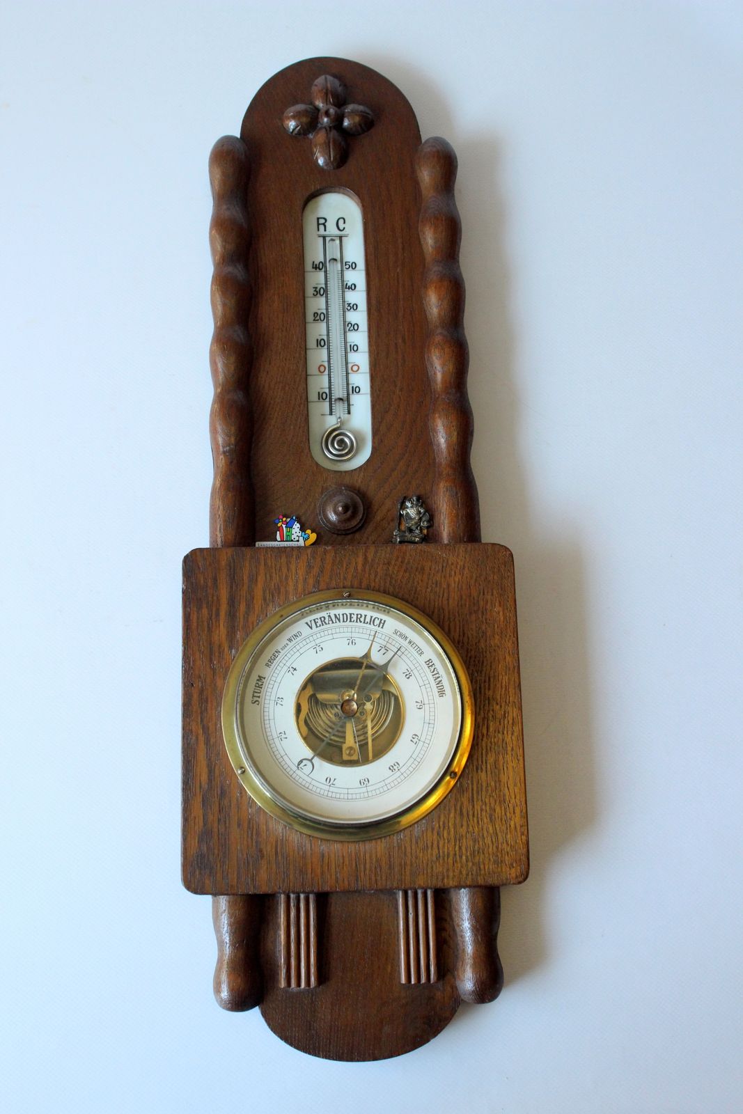 1920s Antique Handcarved Weather Station (Thermometer Showing Celsius And Reaumur And Barometer) photo furniture