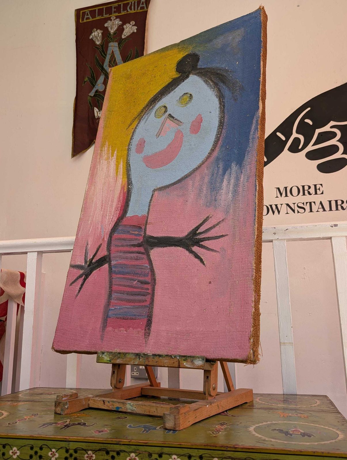 1970s American Outsider Folk Art Painting On Hessian Board. photo furniture