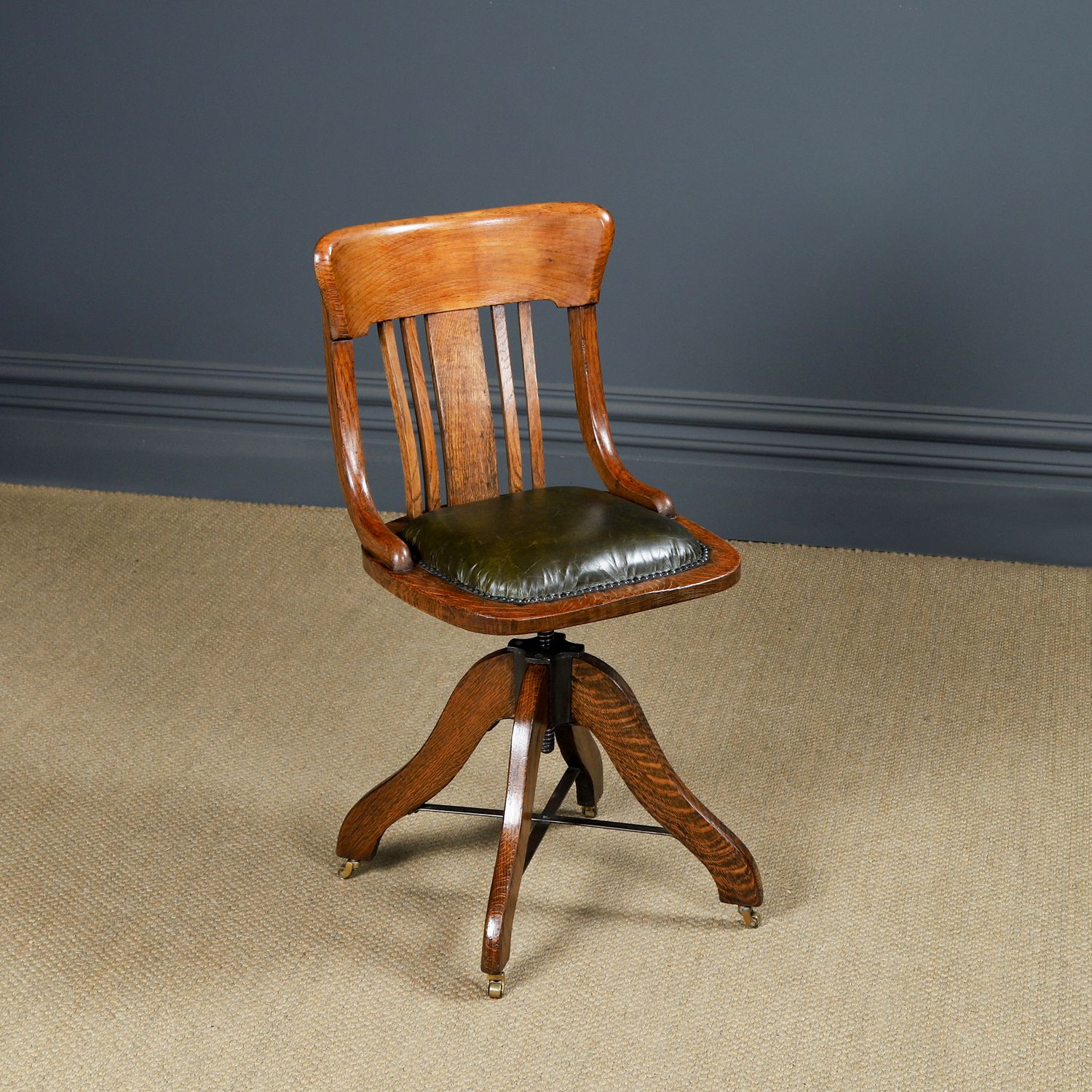 Antique English George V Oak & Green Leather Revolving Office Chair (Circa 1920)