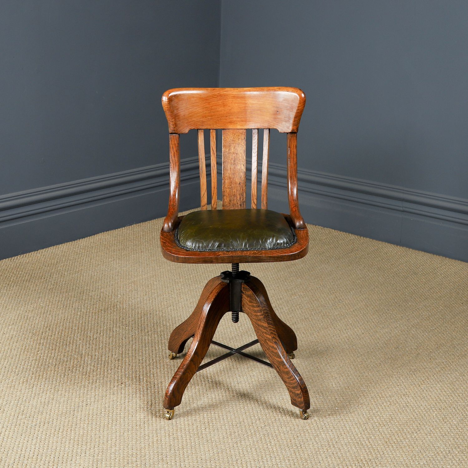 Antique English George V Oak & Green Leather Revolving Office Chair (Circa 1920) photo for sale