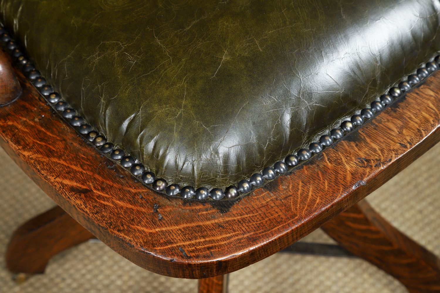 Antique English George V Oak & Green Leather Revolving Office Chair (Circa 1920) photo vintage