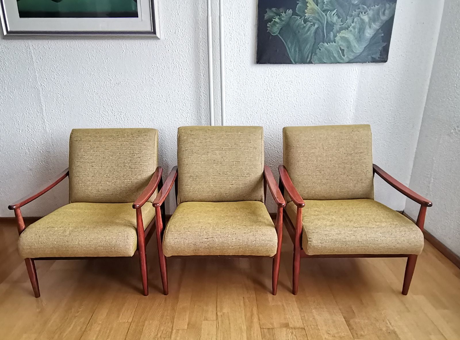 1 Van 3 Gele Fauteuils Met Gelakt Hout / Beklede Loungestoel Uit Joegoslavië, Jaren 1970 photo for sale