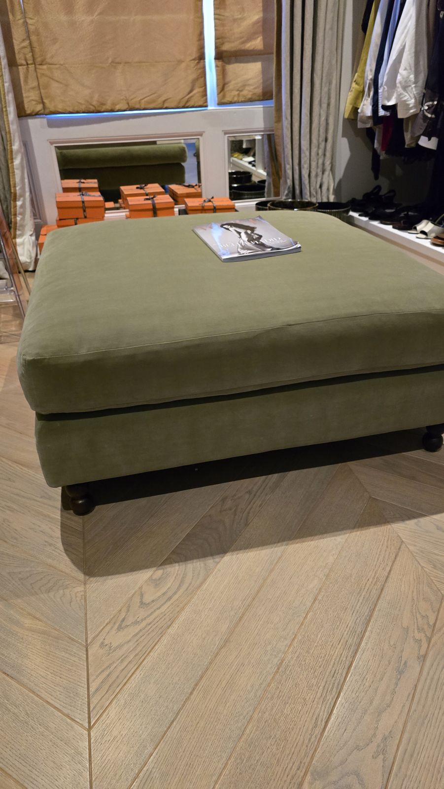 Olive Velvet Ottoman From  Soho Home 100cm X 100cm photo for sale