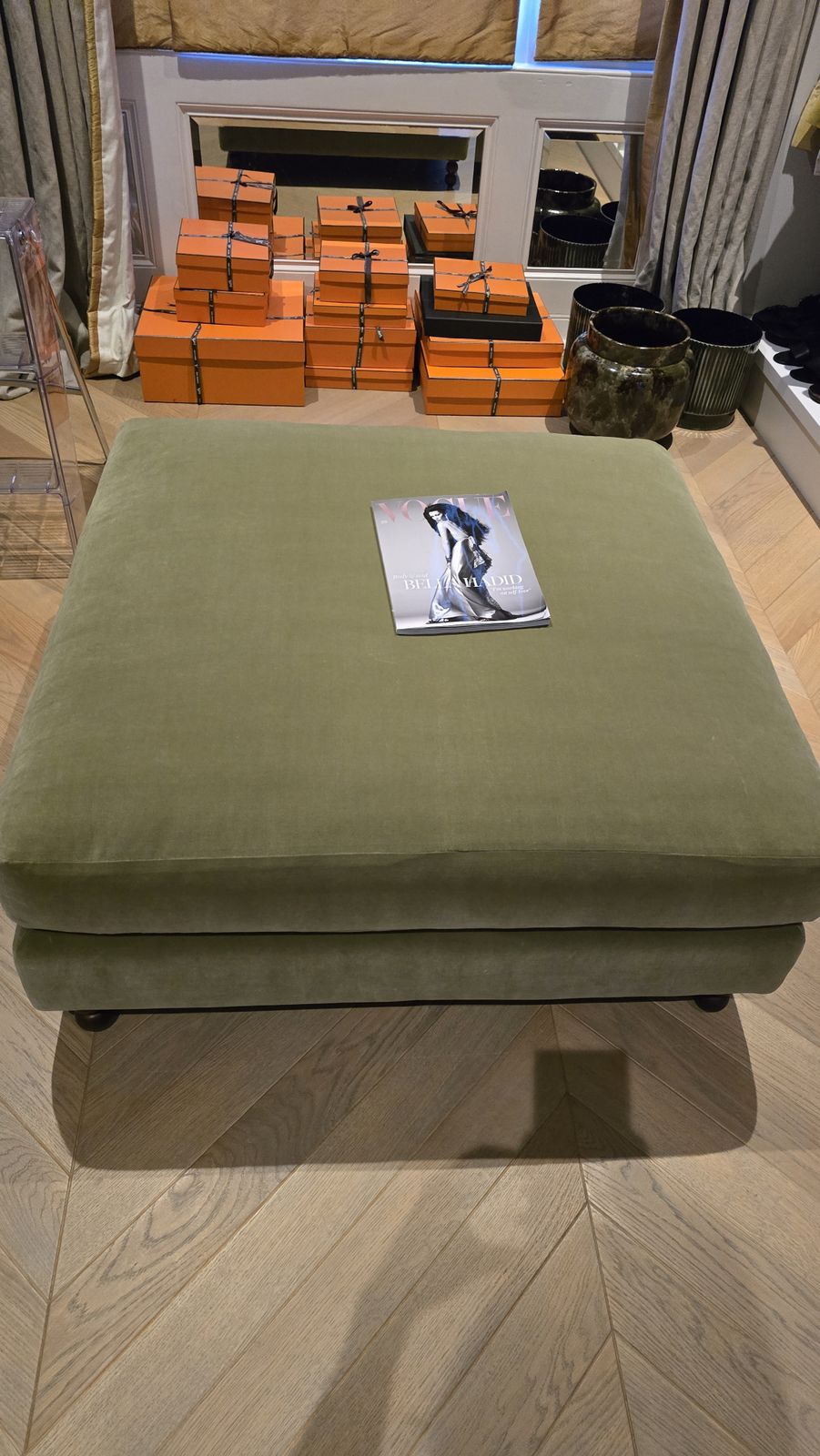 Olive Velvet Ottoman From  Soho Home 100cm X 100cm photo Furniture