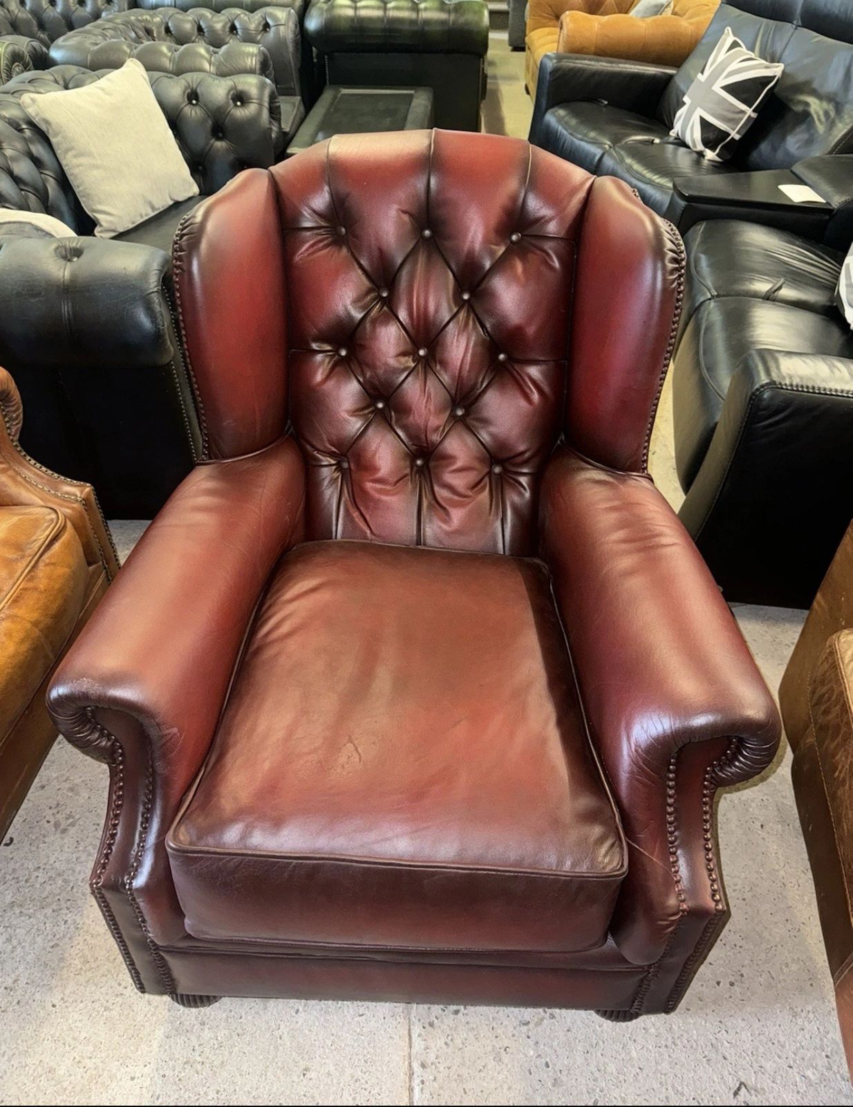 Tetrad Oskar Chesterfield Oxblood Real Leather Wingback Chair photo for sale
