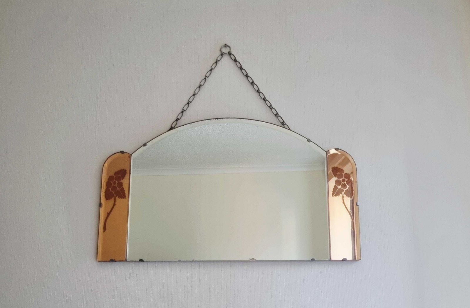 Large Art Deco Mirror: Rose Gold Tinted Panels, Floral Etching, Frameless Hanging Design