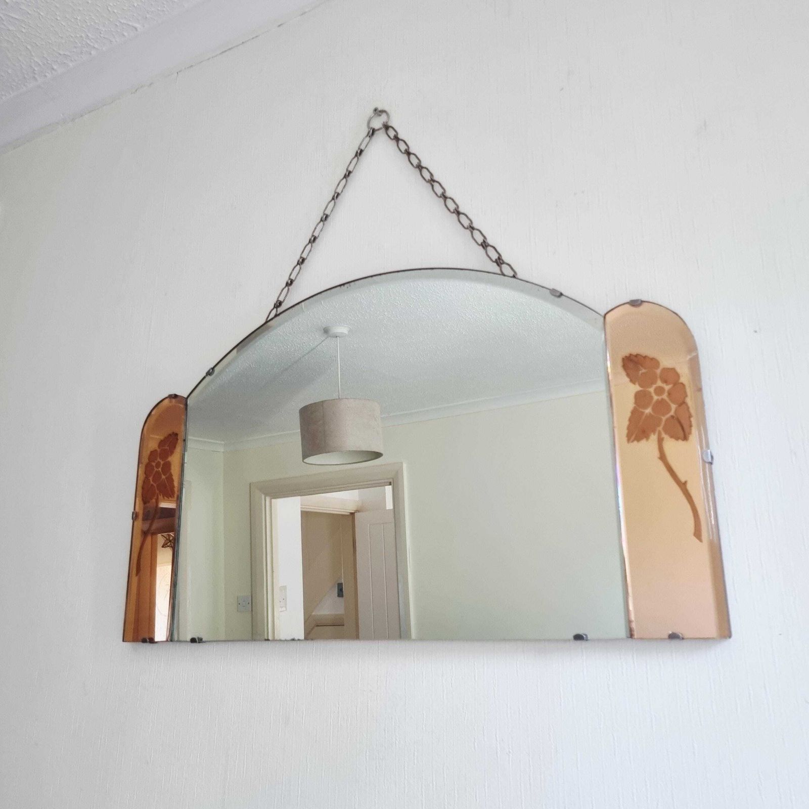 Large Art Deco Mirror: Rose Gold Tinted Panels, Floral Etching, Frameless Hanging Design photo furniture