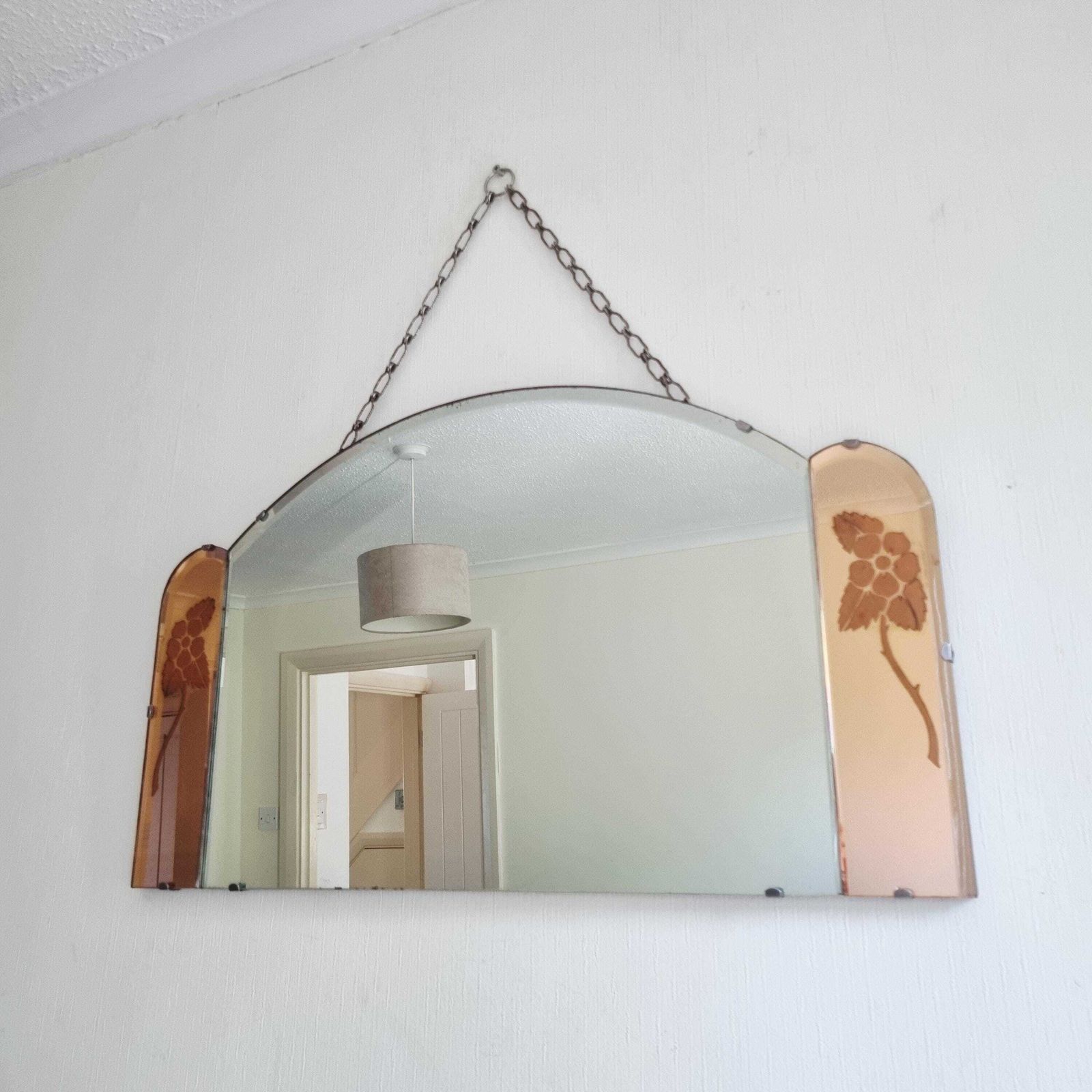 Large Art Deco Mirror: Rose Gold Tinted Panels, Floral Etching, Frameless Hanging Design photo buy