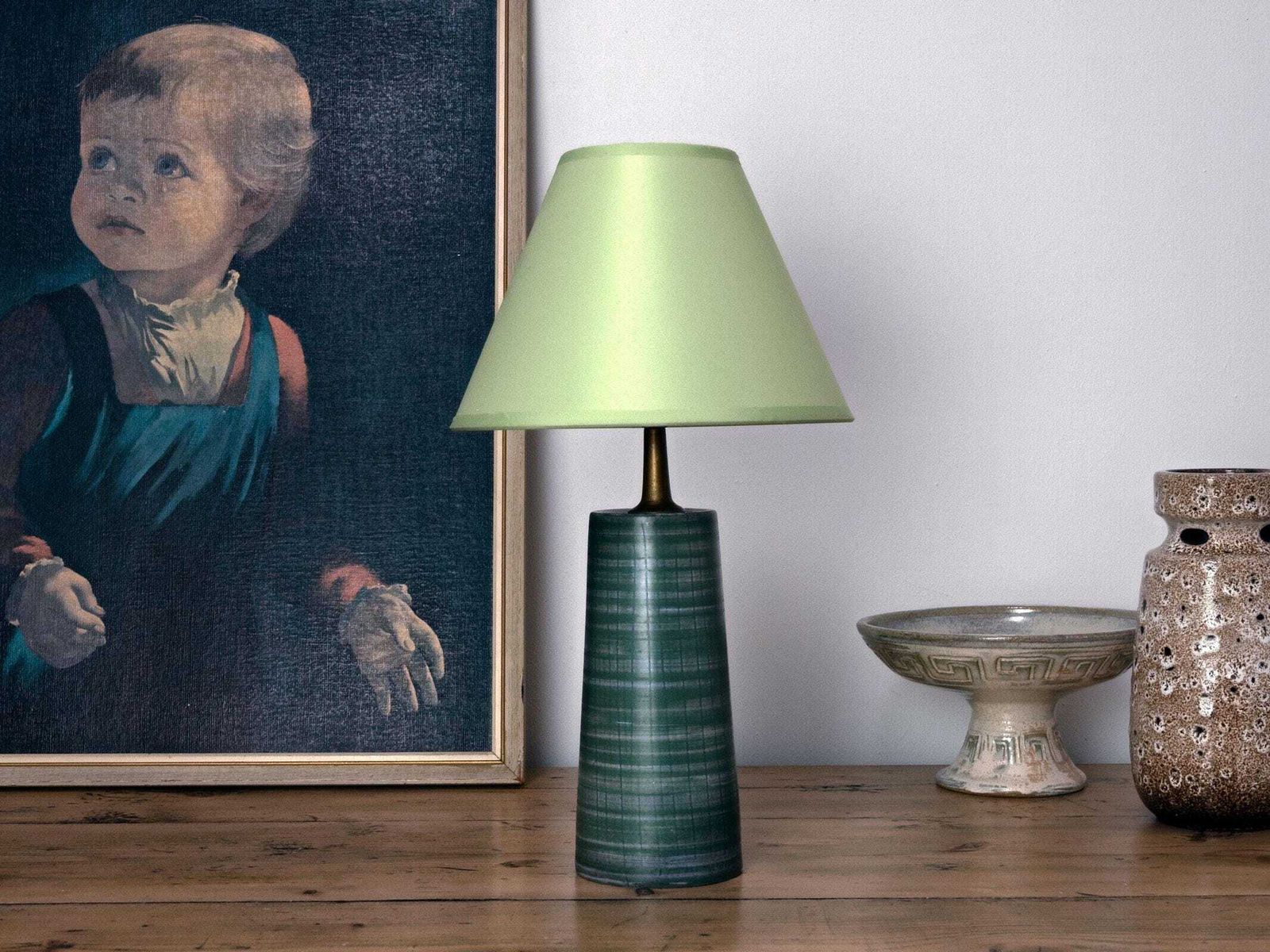 1960s   1970s Vintage Green Ceramic Table Lamp With Mint Green Lampshade   Mid Century Modern Lighting photo furniture
