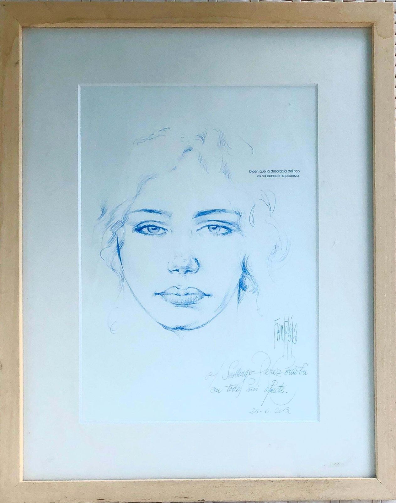 José Luis Fuentetaja Female Portrait Ballpoint Drawing Framed Contemporary Spanish Figurative Art 2013 photo furniture