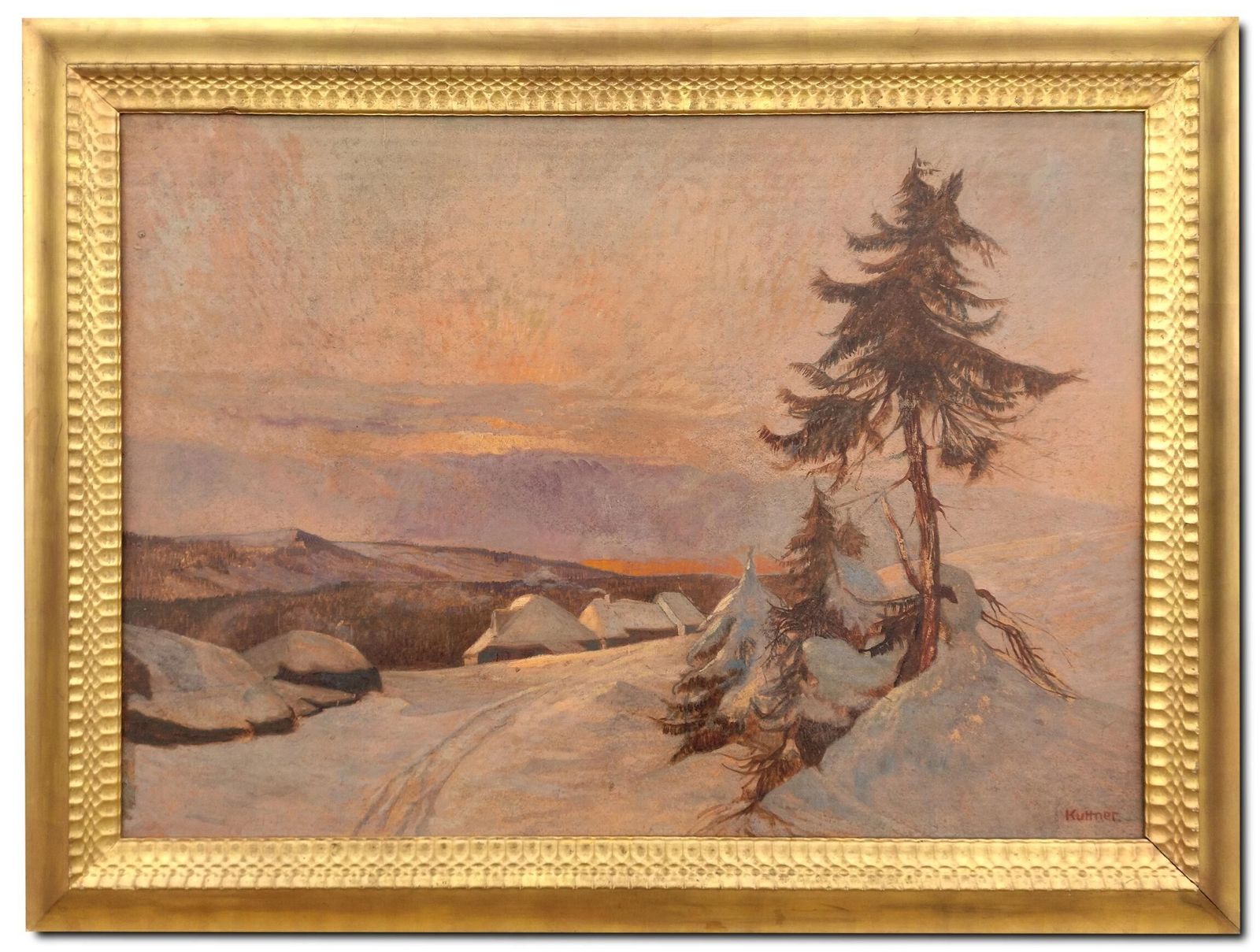 20th Century Oil Painting – Sunset On The Snow