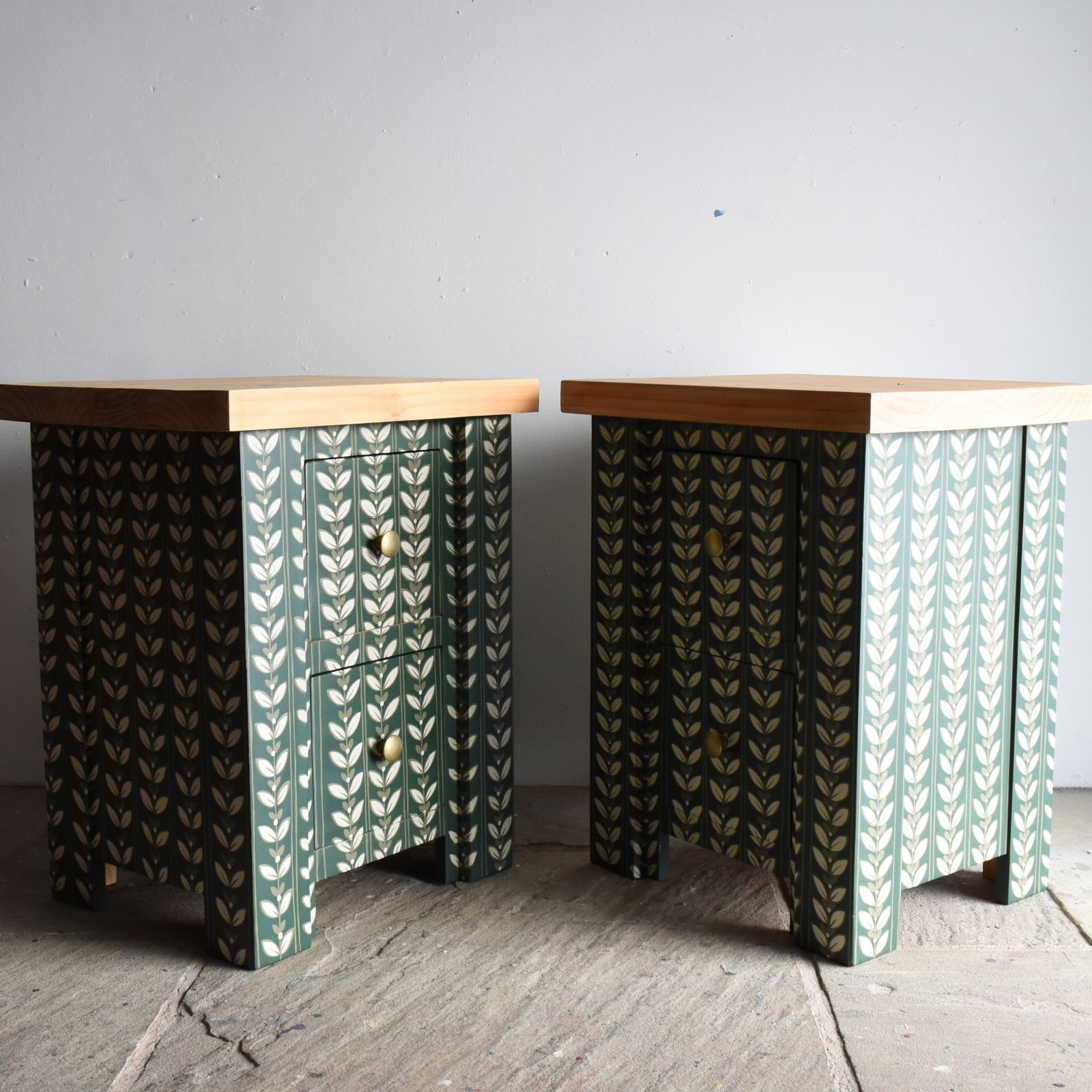 'Sage' Green Decorative Vintage Pine Pair Of Bedside Drawers photo for sale