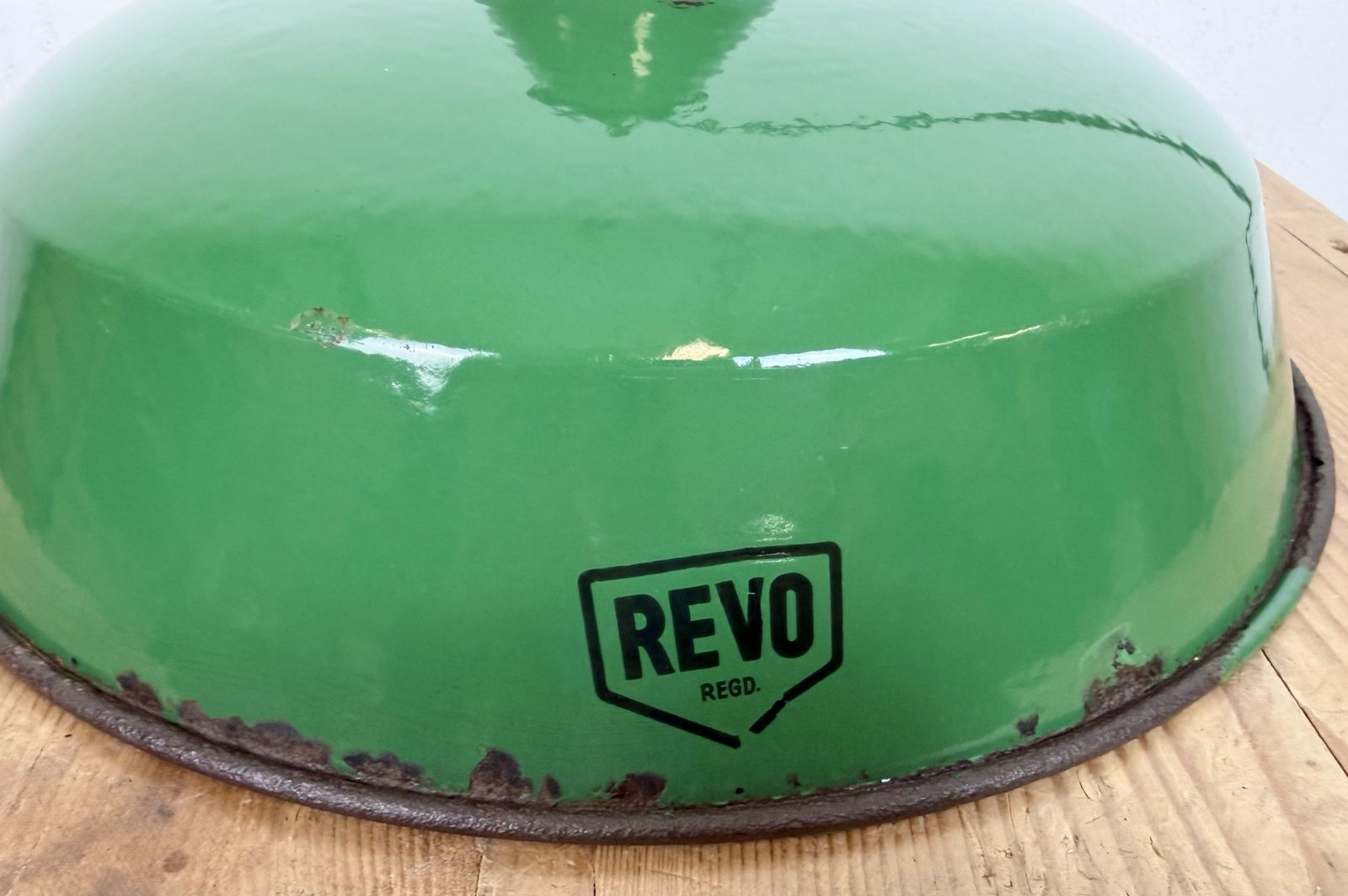 photo buy Industrial Green Enamel Factory Pendant Lamp From Revo, 1950s