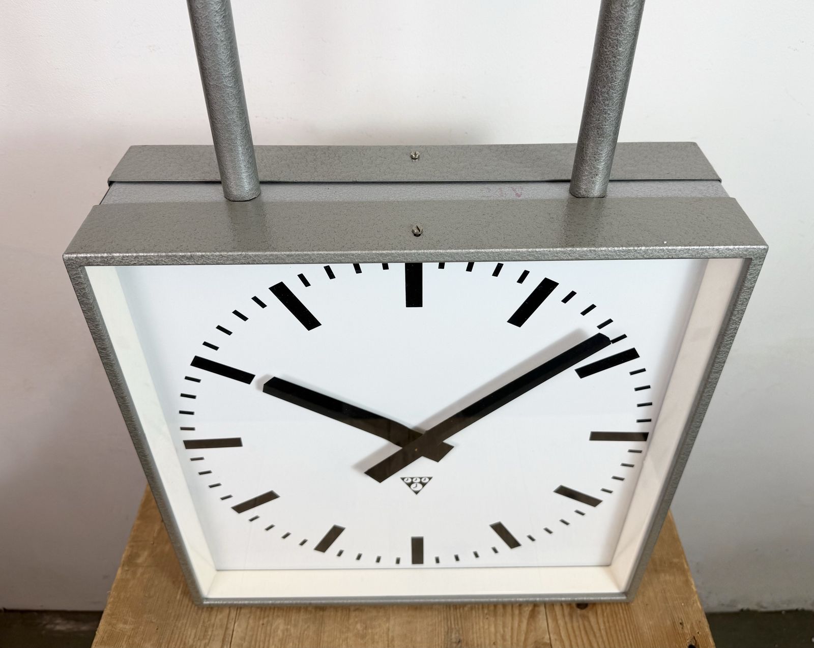 Large Square Industrial Double Sided Factory Clock From Pragotron, 1960s photo Home Decor