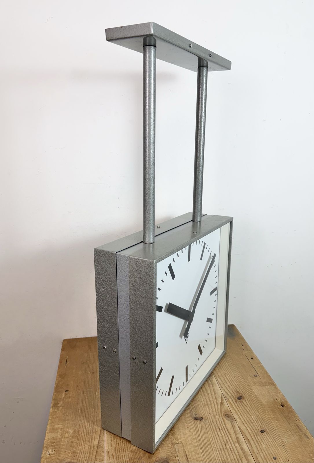 Large Square Industrial Double Sided Factory Clock From Pragotron, 1960s photo vinterior