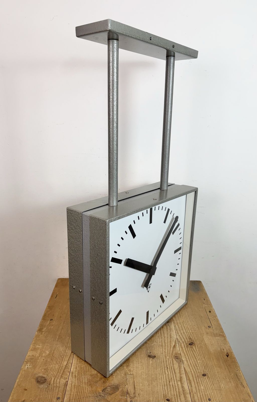 photo buy Large Square Industrial Double Sided Factory Clock From Pragotron, 1960s