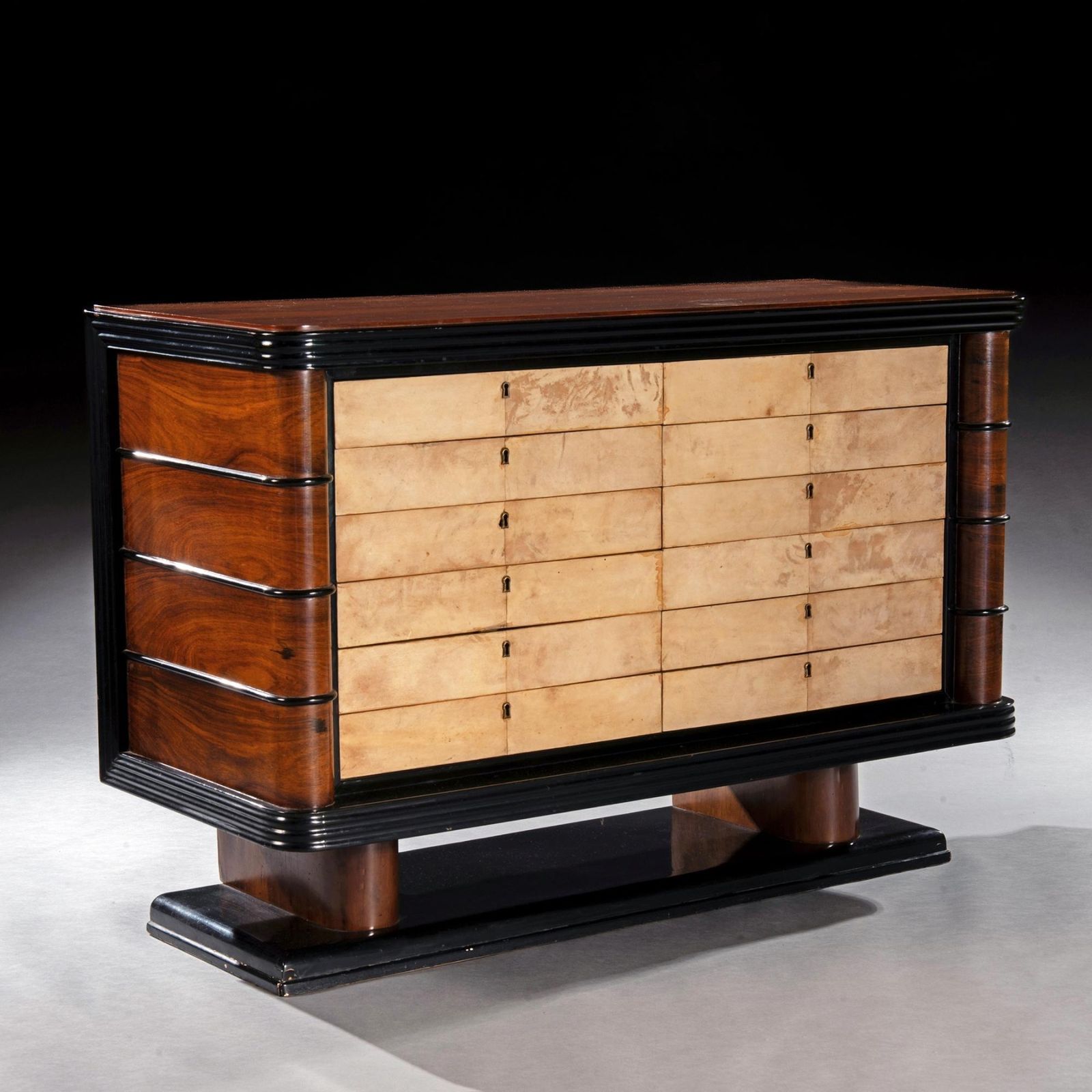 Art Deco Palisander Commode Of Unusual Form With Parchment Covered Drawers photo for sale