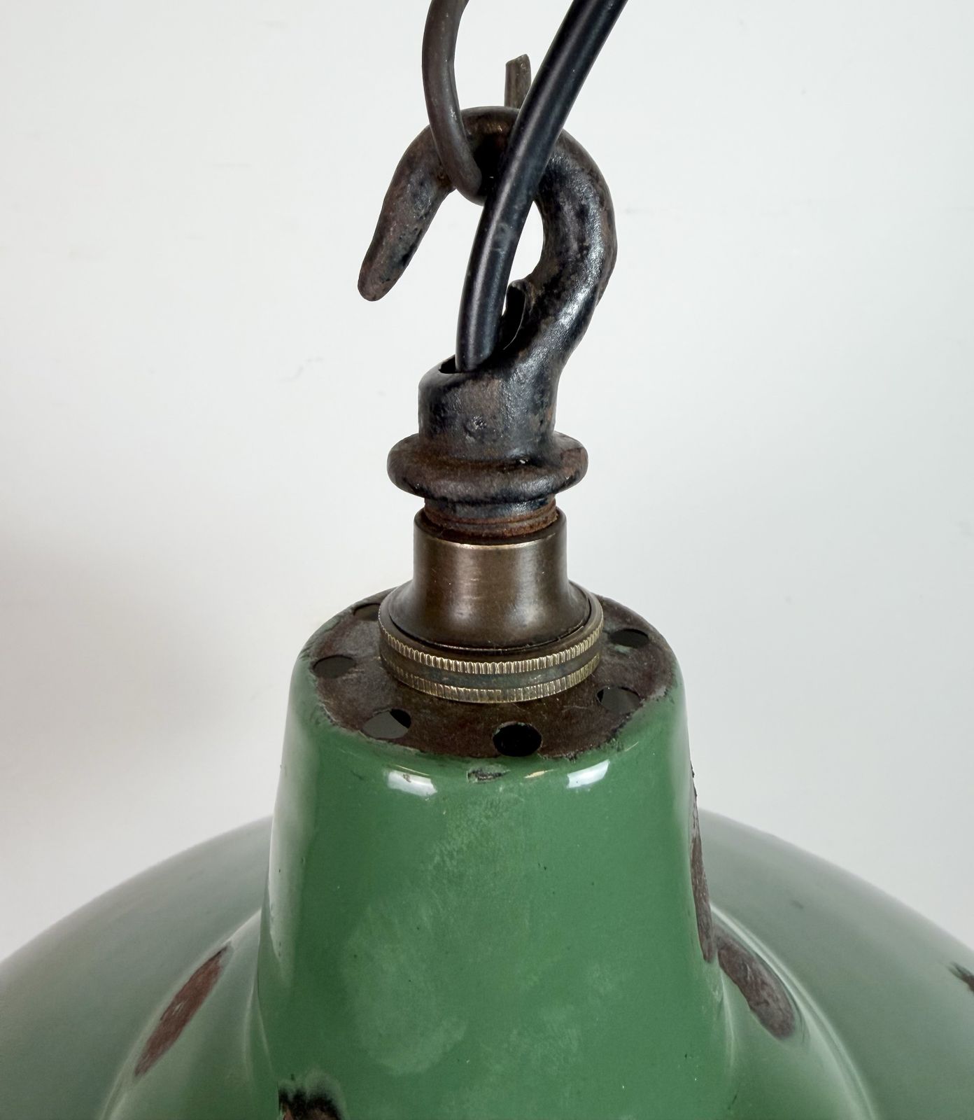 Industrial British Green Enamel Factory Pendant Lamp, 1960s photo for sale