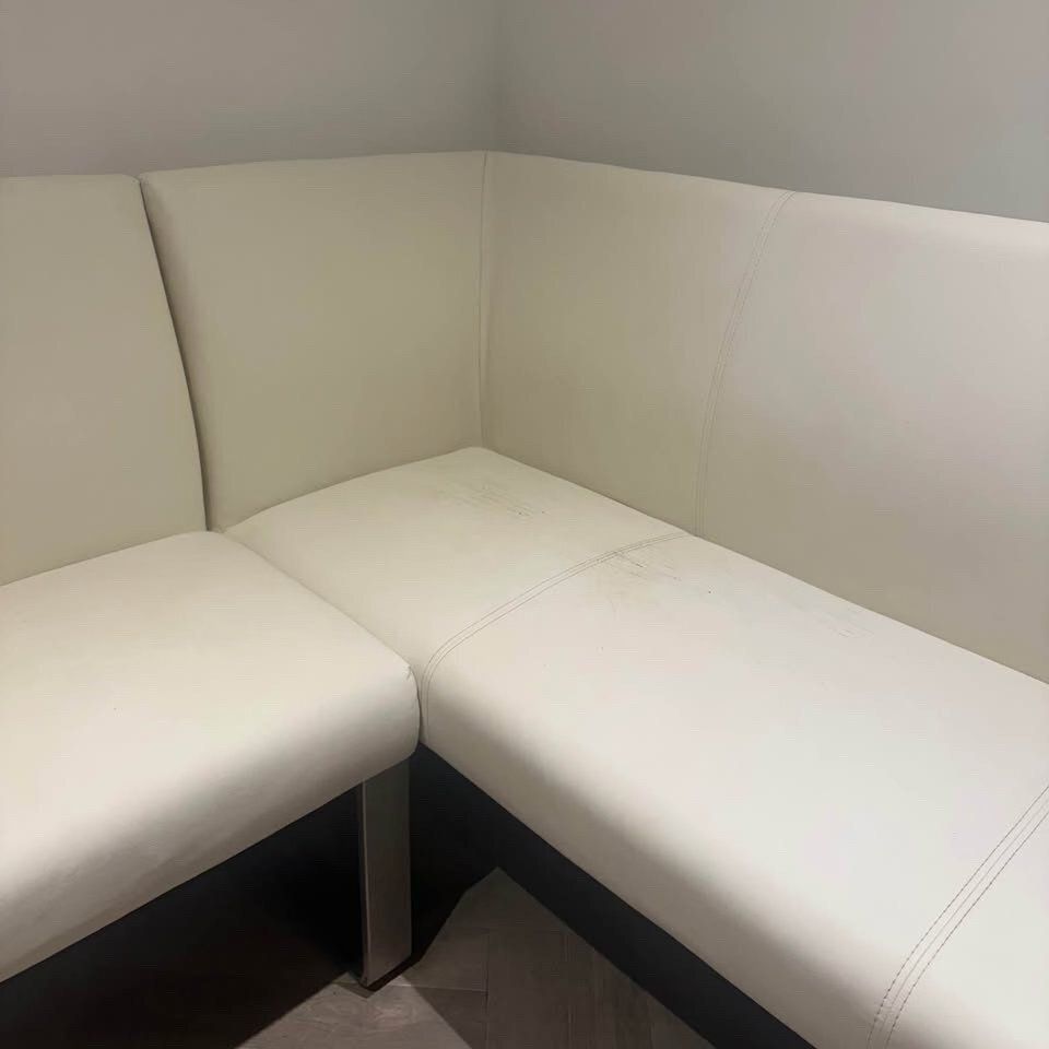 5 Seater White Faux Leather & Stainless Steel Left Hand Corner Kitchen Sofa photo buy