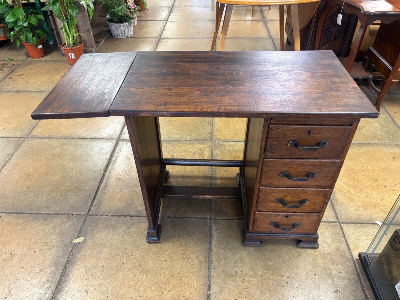 Antique 1920's Dark Oak Child's Desk With Lateral Wing & Drawers photo vintage