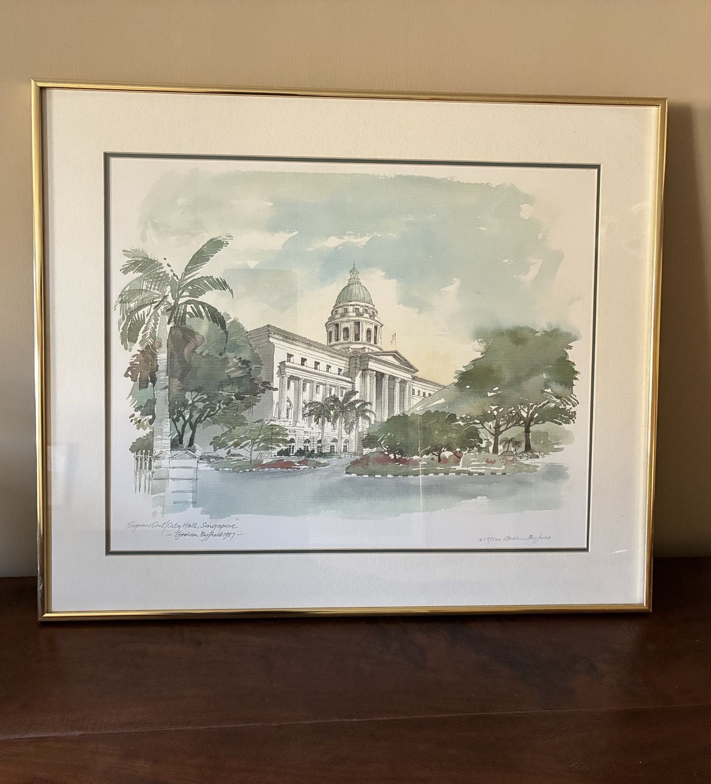 Signed Graham Byfield Architectural Lithograph, Singapore Supreme Court & City Hall, Dated 1987