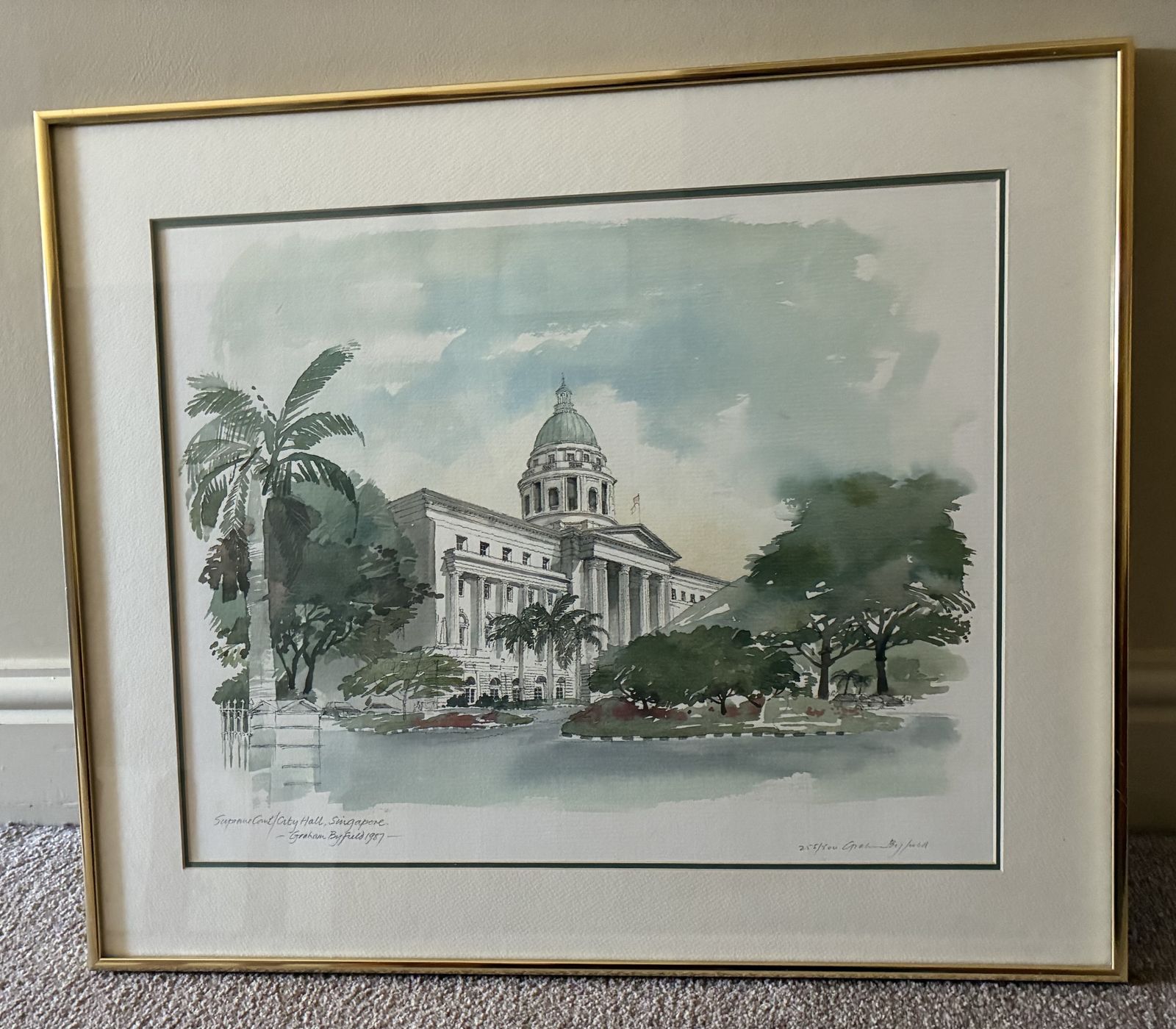 Signed Graham Byfield Architectural Lithograph, Singapore Supreme Court & City Hall, Dated 1987 photo furniture