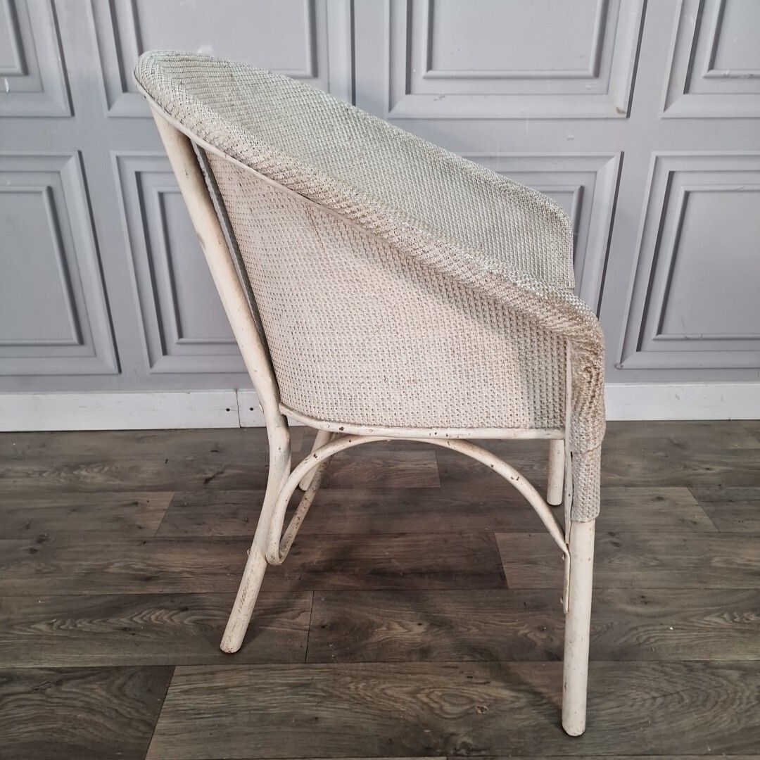 photo for sale Vintage Rattan Tub Chair   Seat White Woven Painted Retro Seating   For Upcycle