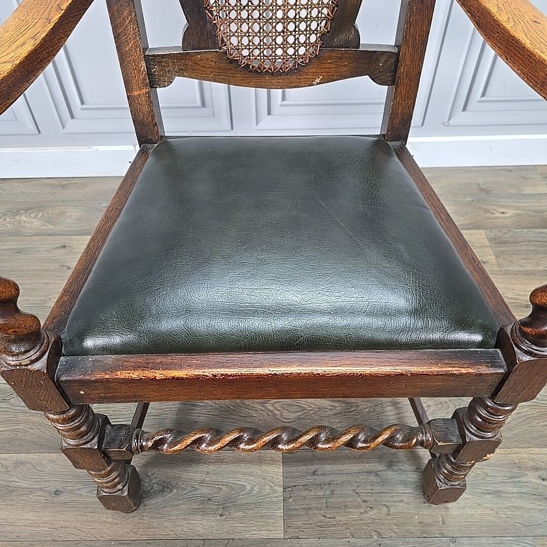 Antique Victorian Throne Chair   Oak Barley Twist Carved Armchair Cane   Leather photo vinterior