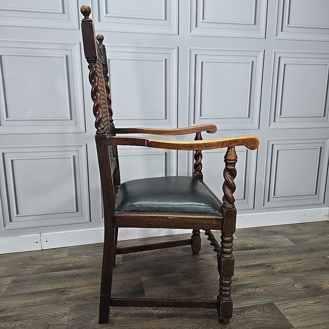 photo vinterior Antique Victorian Throne Chair   Oak Barley Twist Carved Armchair Cane   Leather