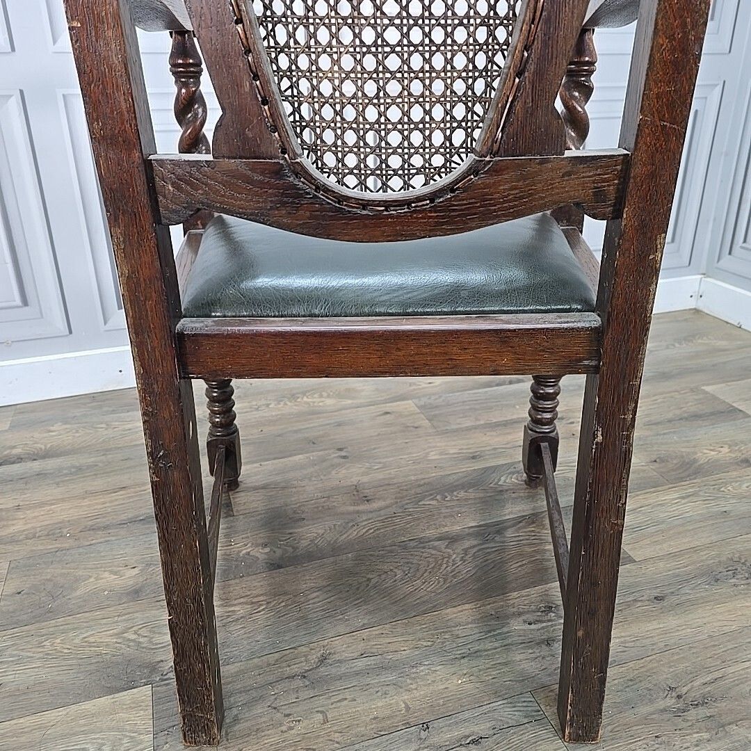 photo vintage Antique Victorian Throne Chair   Oak Barley Twist Carved Armchair Cane   Leather