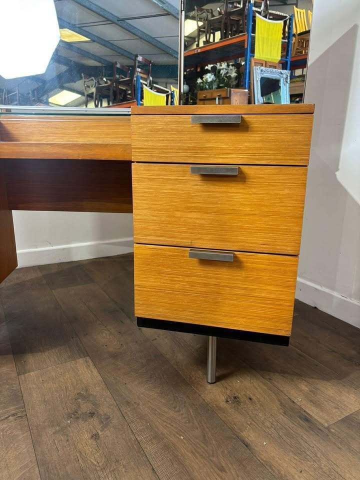 photo for sale Mid Century Teak Stag Curved Triple Dressing Table